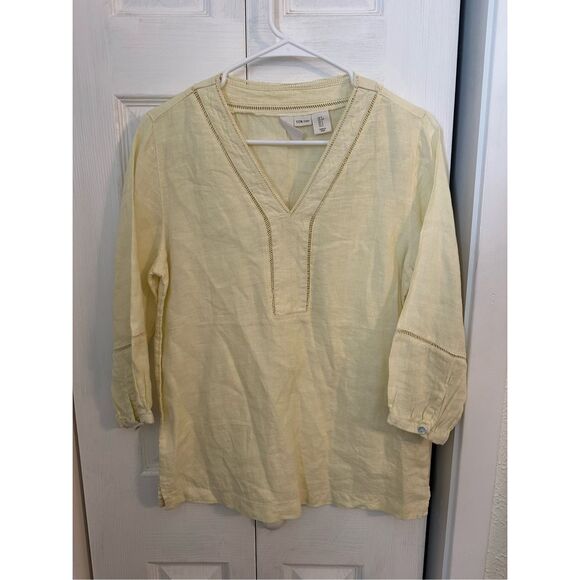 Joie Embroidered V-Neck 3/4 Sleeve 100% Linen Top Yellow Size Small - Picture 7 of 7